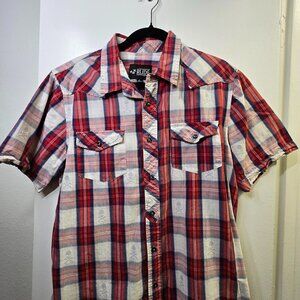 Rude Mens Shirt Short Sleeve Button Up Plaid Skull Accents Size Large Rock
